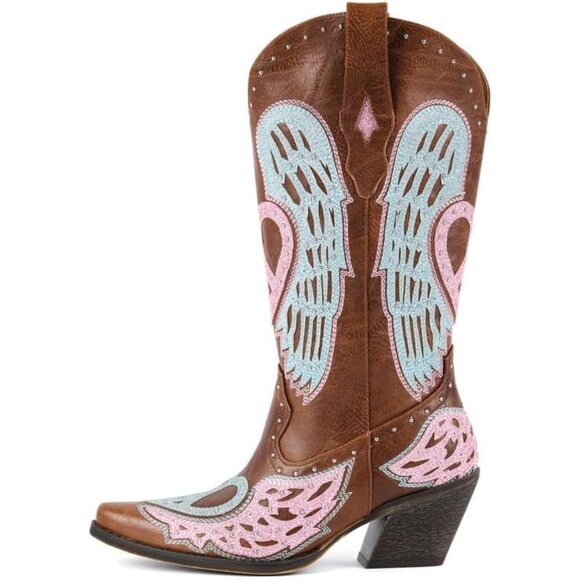 ⚡Women's Brown Western Cowgirl Boot Embroidery Angel Wings Mid Calf Pointed Toe - Picture 2 of 8
